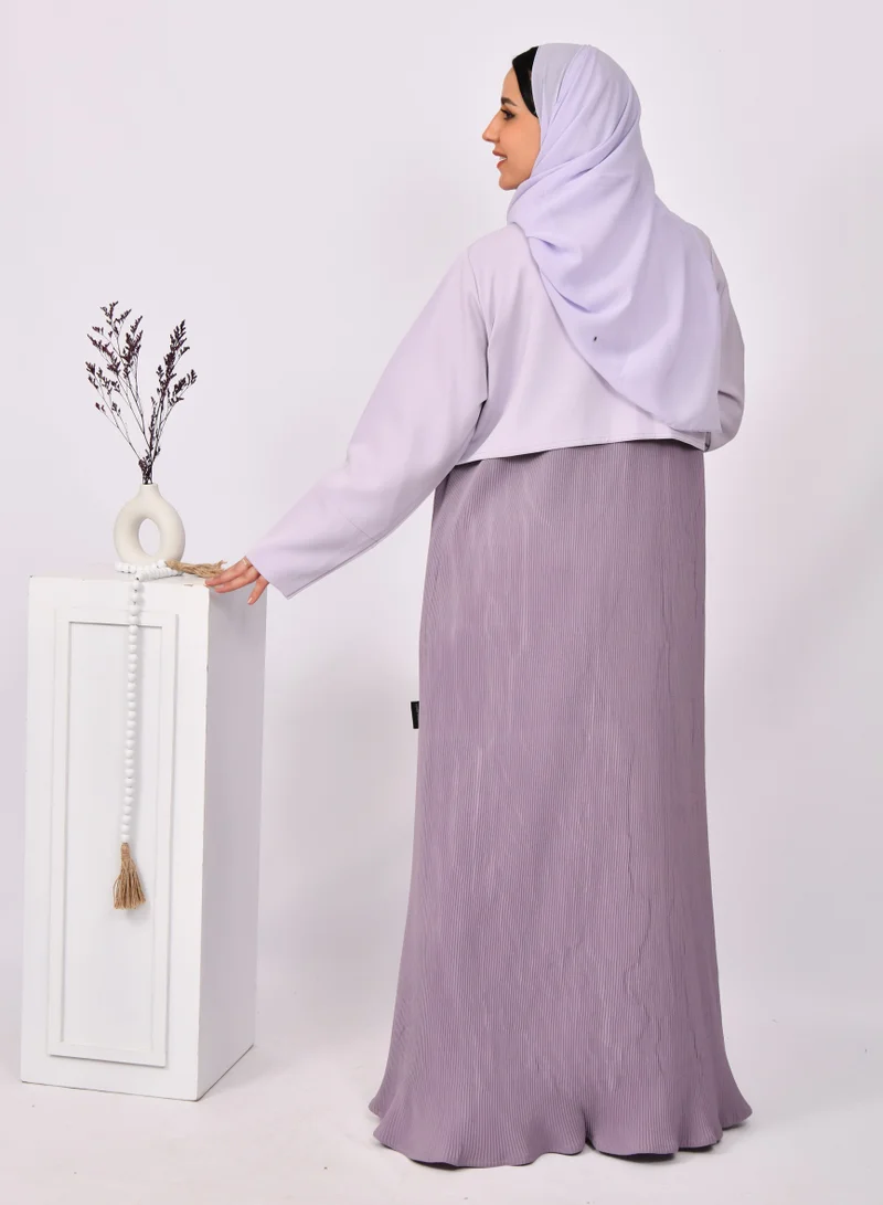 HAWRAA ABAYA Abaya, blazer abaya in light purple with dark purple overlay and pleats at the bottom of the abaya