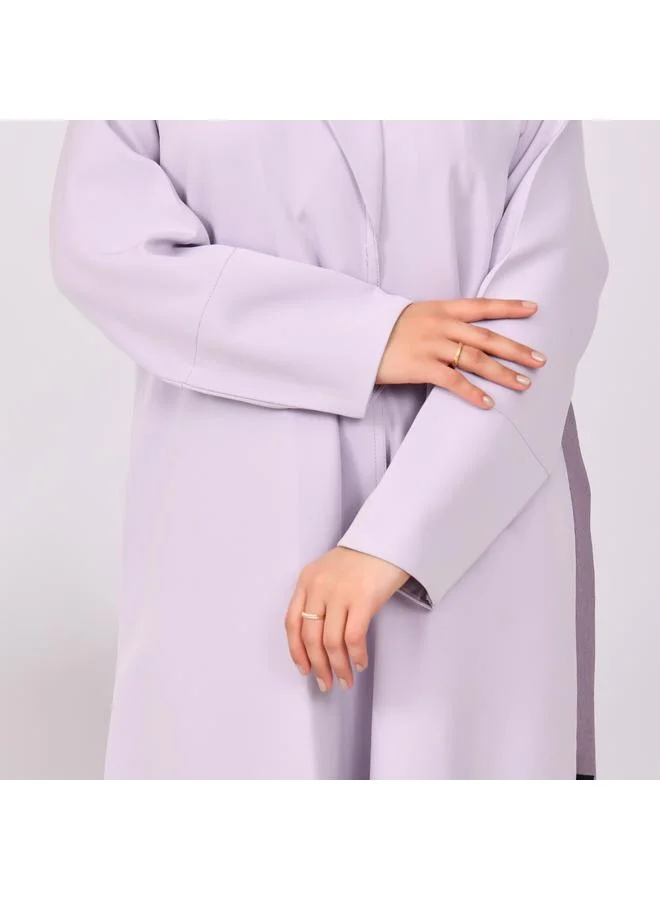 HAWRAA ABAYA Abaya, blazer abaya in light purple with dark purple overlay and pleats at the bottom of the abaya