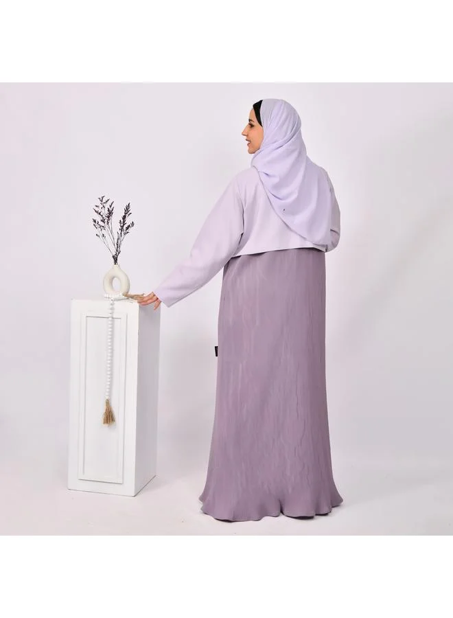 HAWRAA ABAYA Abaya, blazer abaya in light purple with dark purple overlay and pleats at the bottom of the abaya
