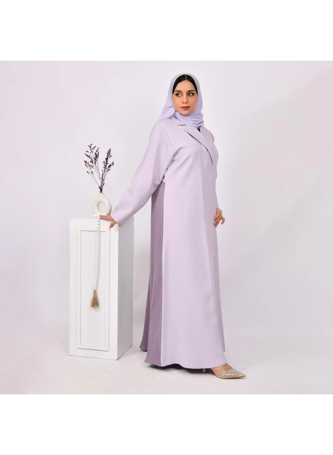 HAWRAA ABAYA Abaya, blazer abaya in light purple with dark purple overlay and pleats at the bottom of the abaya