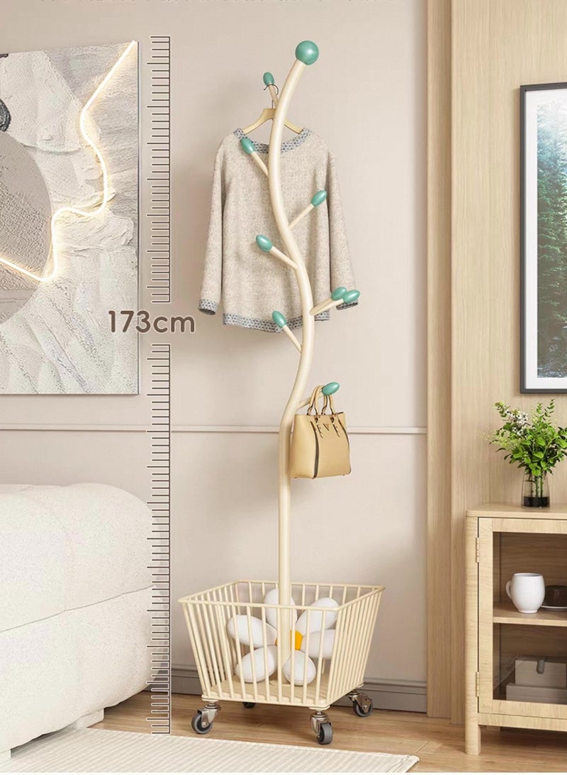SHEE ONE SHEE ONE Tree-Branch Clothes Rack with Bottom Basket and Wheels | Coat, Abaya & Bag Stand for Entryway or Bedroom – Size: Height 173 cm / Basket 40×30×40 cm  - Image 2