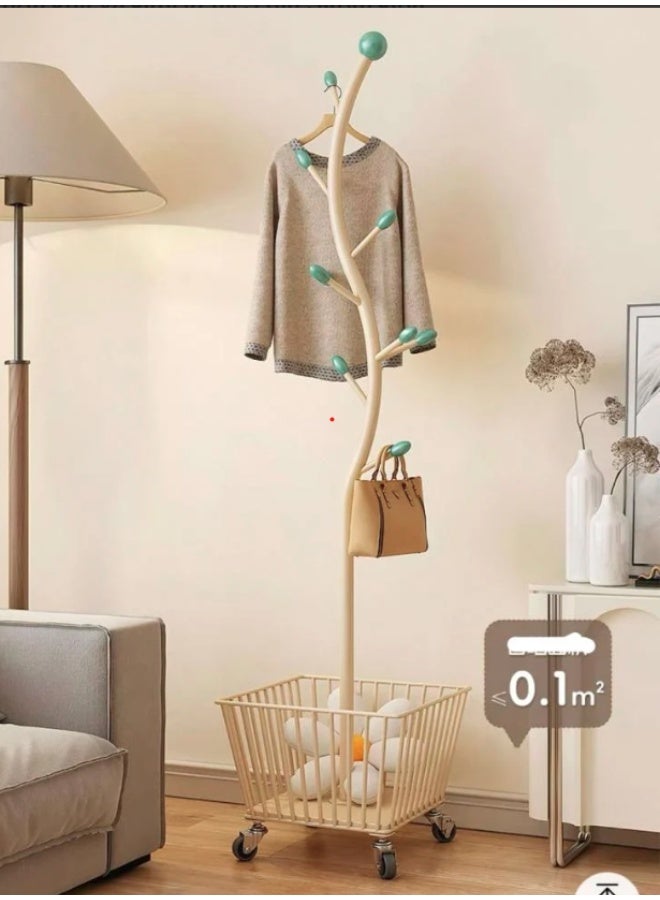 شي ون علاقة ملابس بتصميم غصن شجرة من SHEE ONE | علاقة شنط وعبايات ومعاطف بقاعدة سلة تخزين سفلية بعجلات | علاقة فنية فاخرة للمدخل أو غرفة النوم – المقاس: الارتفاع 173 سم / السلة 40×30×40 سم | لون أبيض - Image 2