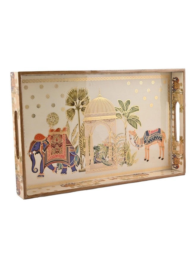 HomeShastra HomeShastra Wooden Serving Tray with Gold Engraving | Set of 1 | Size : 16 x 10 inch | Enamel Coated Waterproof | Rectangular | Decorative Trays | Royal Camel Large - Image 1