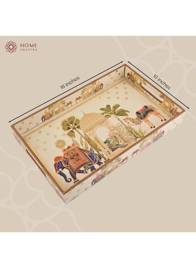 HomeShastra HomeShastra Wooden Serving Tray with Gold Engraving | Set of 1 | Size : 16 x 10 inch | Enamel Coated Waterproof | Rectangular | Decorative Trays | Royal Camel Large - Image 4