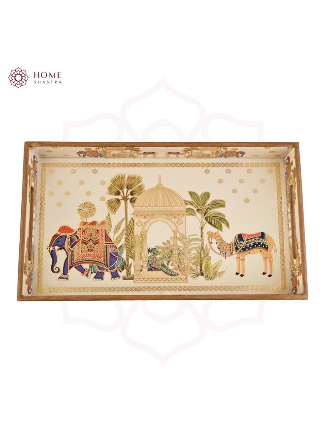 HomeShastra HomeShastra Wooden Serving Tray with Gold Engraving | Set of 1 | Size : 16 x 10 inch | Enamel Coated Waterproof | Rectangular | Decorative Trays | Royal Camel Large - Image 5