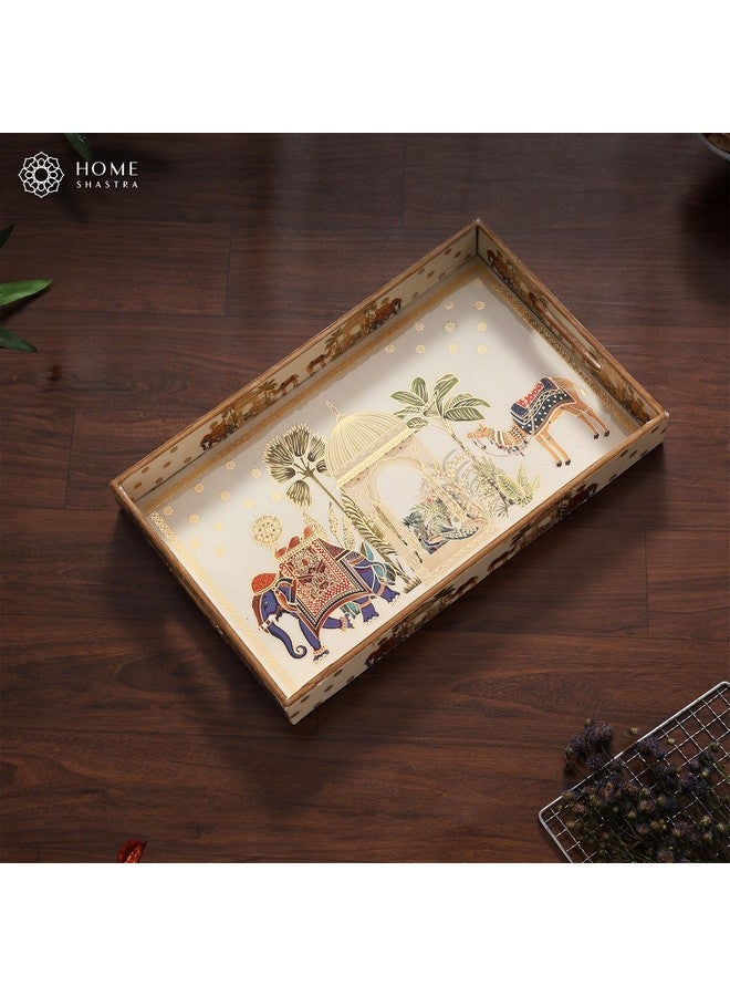 HomeShastra HomeShastra Wooden Serving Tray with Gold Engraving | Set of 1 | Size : 16 x 10 inch | Enamel Coated Waterproof | Rectangular | Decorative Trays | Royal Camel Large - Image 2