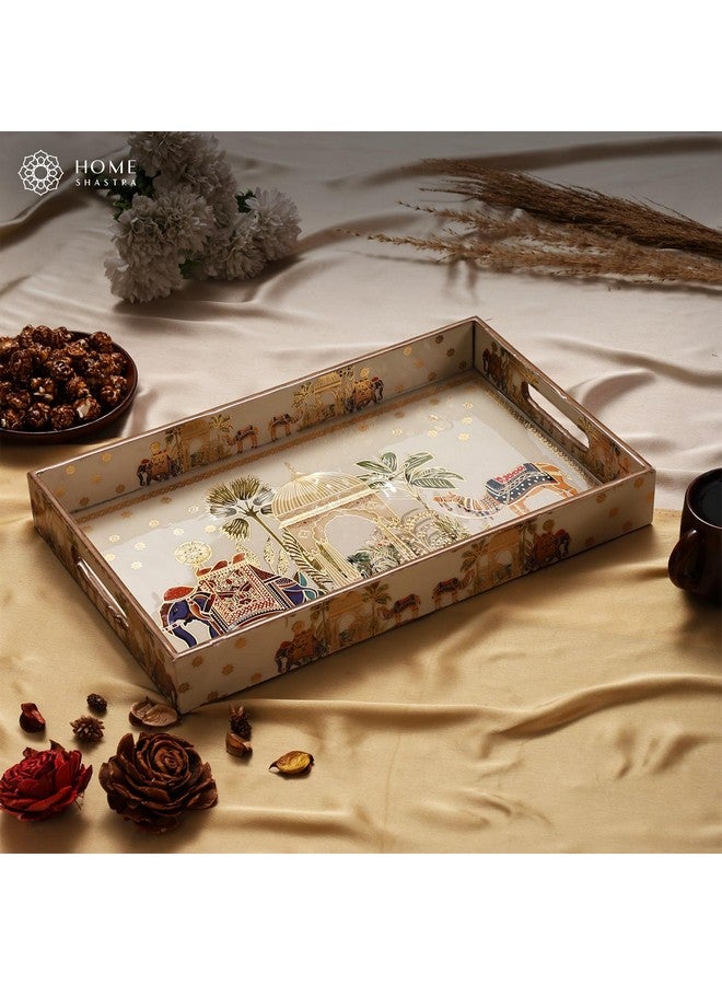 HomeShastra HomeShastra Wooden Serving Tray with Gold Engraving | Set of 1 | Size : 16 x 10 inch | Enamel Coated Waterproof | Rectangular | Decorative Trays | Royal Camel Large - Image 3