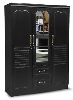 Generic 3-Door Wooden Wardrobe with Mirror, 135 x 45 x 185 cm,  Storage Cabinet with 2 Drawers BLACK  - Image 1