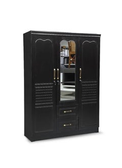 Generic 3-Door Wooden Wardrobe with Mirror, 135 x 45 x 185 cm,  Storage Cabinet with 2 Drawers BLACK  - Image 3