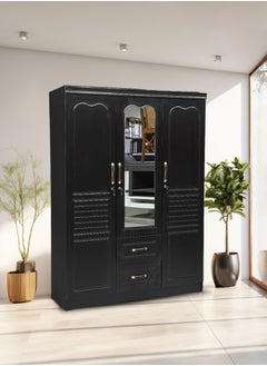 Generic 3-Door Wooden Wardrobe with Mirror, 135 x 45 x 185 cm,  Storage Cabinet with 2 Drawers BLACK  - Image 4