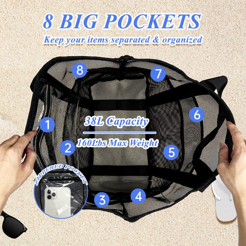 Yunaeduo Extra Large Mesh Tote Bag - Lightweight Beach Toys Bag with 9 Pockets, Beach Essentials - Image 3