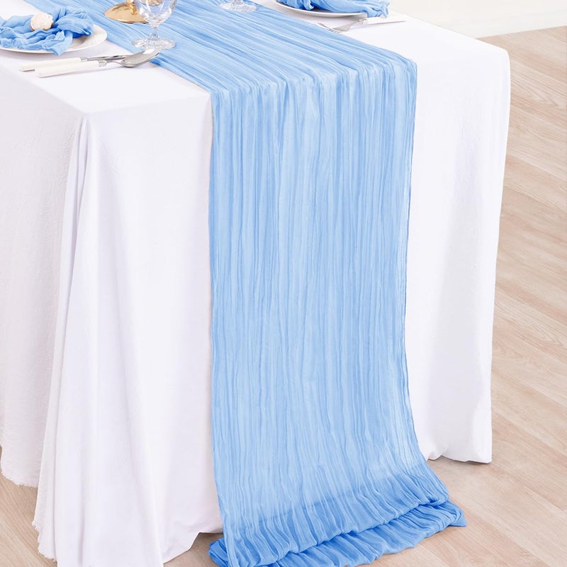 DeZerlor 4 Pack Christmas Table Runner Baby Blue Cheesecloth Table Runner Boho Gauze Table Runner 120 inches Long Winter Table Decor for Wedding Baby Boy Shower Xmas Party Decorations - Image 4
