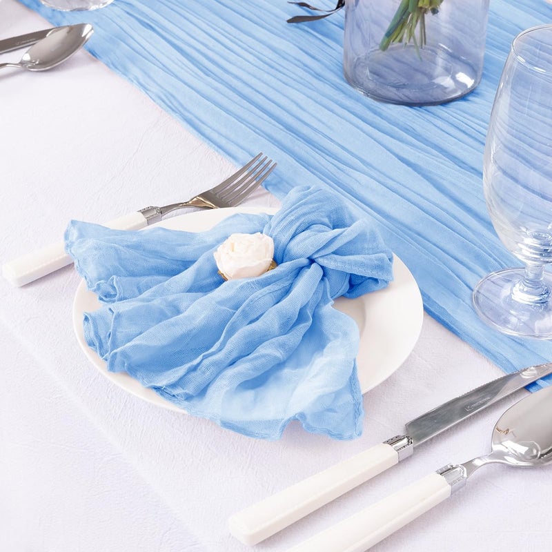 DeZerlor 4 Pack Christmas Table Runner Baby Blue Cheesecloth Table Runner Boho Gauze Table Runner 120 inches Long Winter Table Decor for Wedding Baby Boy Shower Xmas Party Decorations - Image 5