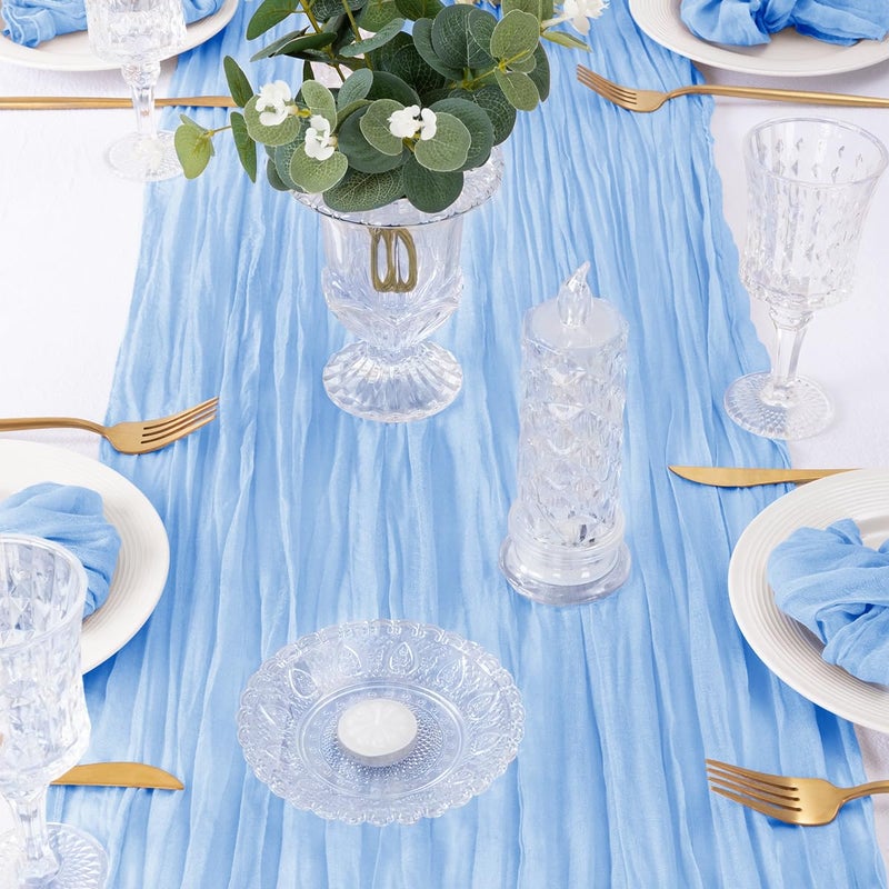 DeZerlor 4 Pack Christmas Table Runner Baby Blue Cheesecloth Table Runner Boho Gauze Table Runner 120 inches Long Winter Table Decor for Wedding Baby Boy Shower Xmas Party Decorations - Image 3