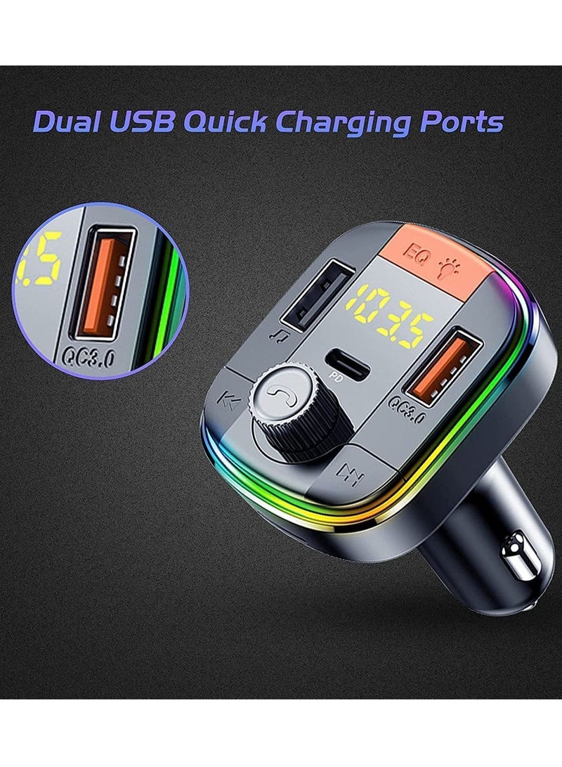 Car FM Transmitter,Car Fast Charger Bluetooth 5.0 FM Transmitter QC 3.0 and Type C PD Functional Car Kit 2 USB Ports Support Hands-Free Calls,7Colorful LED Backlit,Support U Disk & TF Card (Black) - Image 5