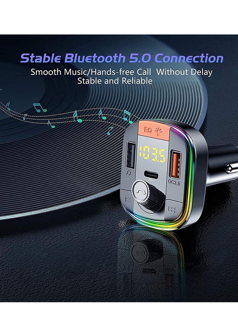 Car FM Transmitter,Car Fast Charger Bluetooth 5.0 FM Transmitter QC 3.0 and Type C PD Functional Car Kit 2 USB Ports Support Hands-Free Calls,7Colorful LED Backlit,Support U Disk & TF Card (Black) - Image 4