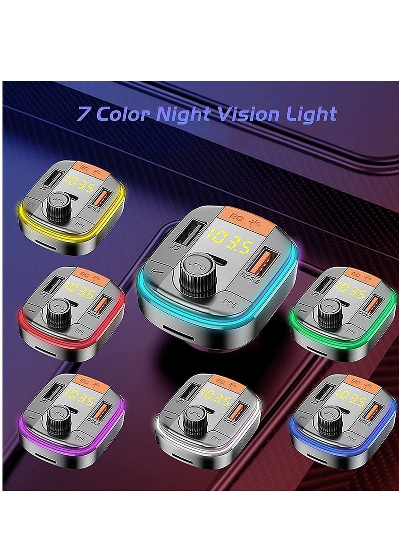 Car FM Transmitter,Car Fast Charger Bluetooth 5.0 FM Transmitter QC 3.0 and Type C PD Functional Car Kit 2 USB Ports Support Hands-Free Calls,7Colorful LED Backlit,Support U Disk & TF Card (Black) - Image 2