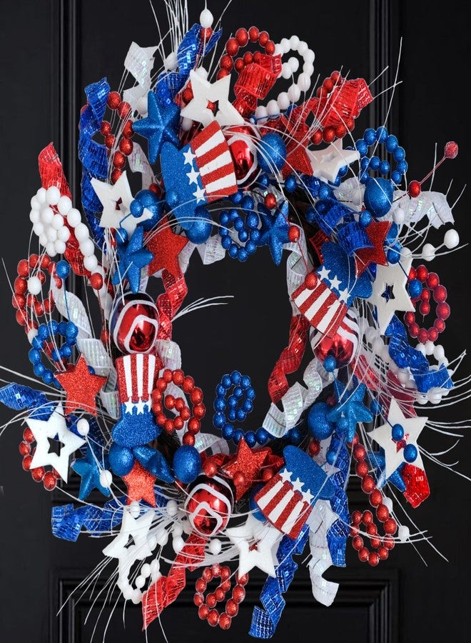 CIR OASES 20-Inch Patriotic Wreath for 4th of July Decorations - Handmade Stars & Stripes Memorial Day Wreath, Indoor Outdoor Wall Door Decor with Stars Hats Beads, Red White Blue Sparkling Design - Image 1