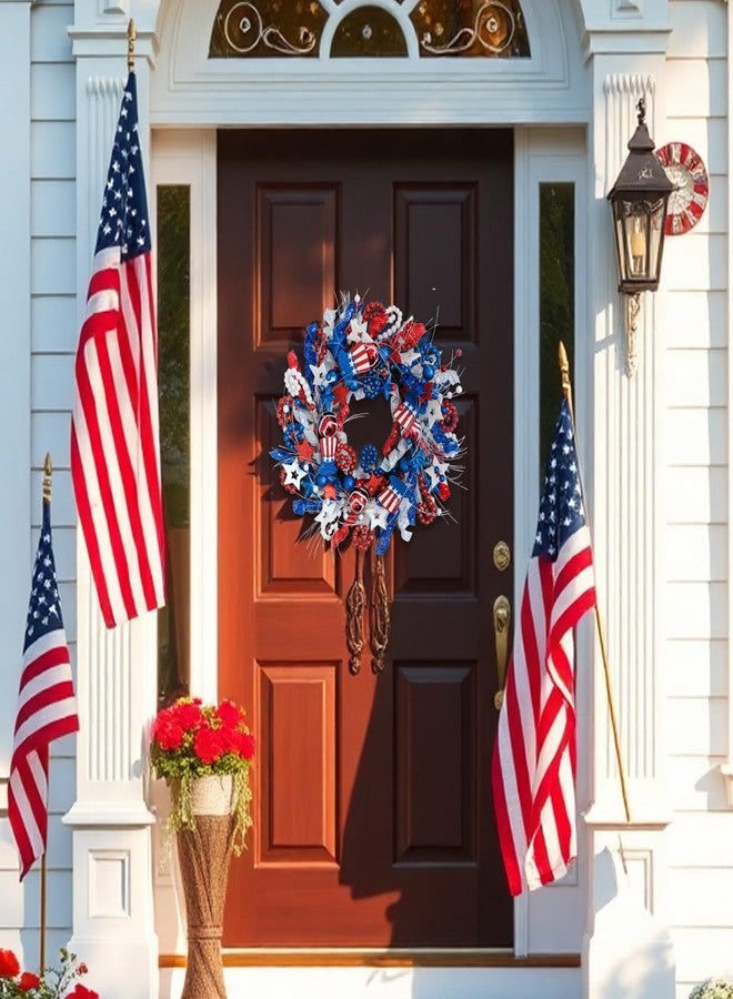 CIR OASES 20-Inch Patriotic Wreath for 4th of July Decorations - Handmade Stars & Stripes Memorial Day Wreath, Indoor Outdoor Wall Door Decor with Stars Hats Beads, Red White Blue Sparkling Design - Image 5