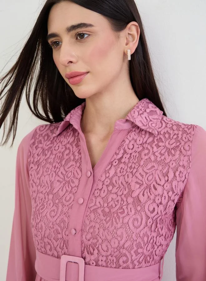 Styli  Pink Lace Yoke Belted Maxi Dress for Women | Best Price UAE