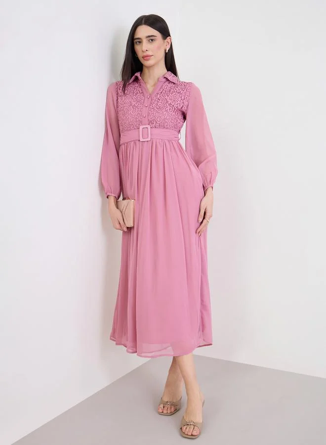Pink Lace Yoke Belted Maxi Dress