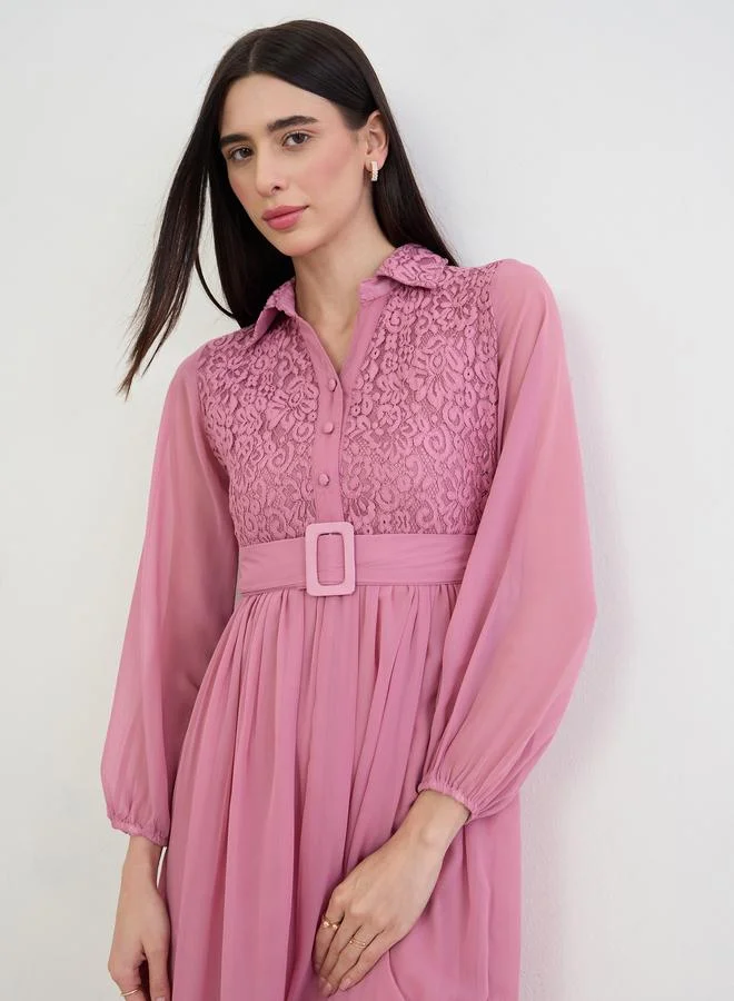 Styli  Pink Lace Yoke Belted Maxi Dress for Women | Best Price UAE