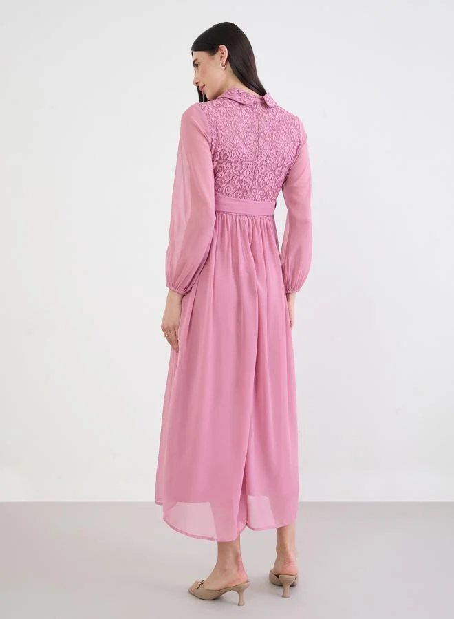 Styli  Pink Lace Yoke Belted Maxi Dress for Women | Best Price UAE