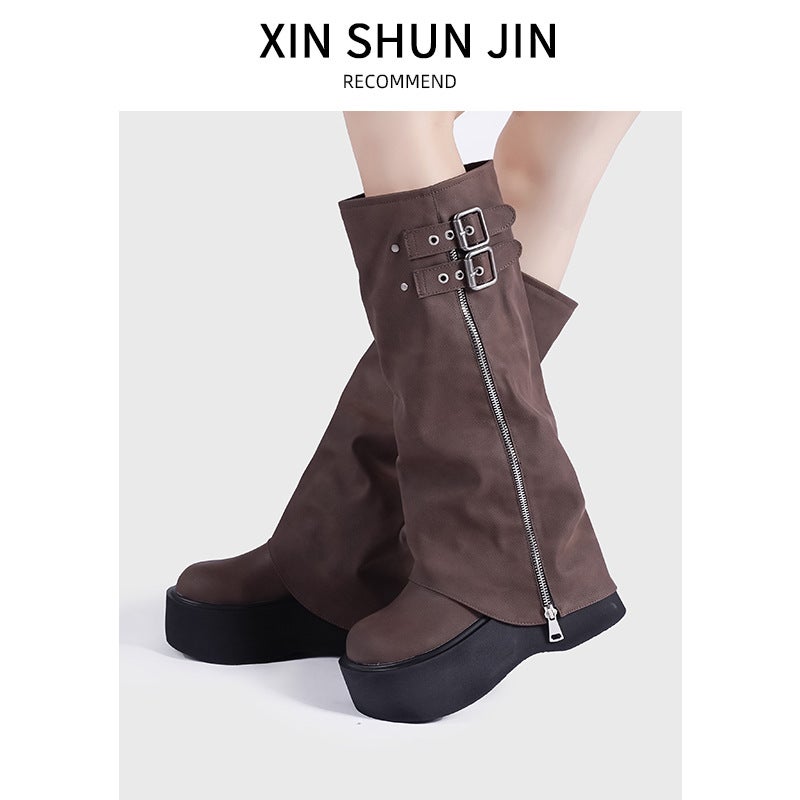Genuine Leather Big Head Pants Tube Boots Sweet Cool Style Spice Girls Heap Boots Thick Bottom Western Boots But Knee Long Boots High Knights Boots - Image 2