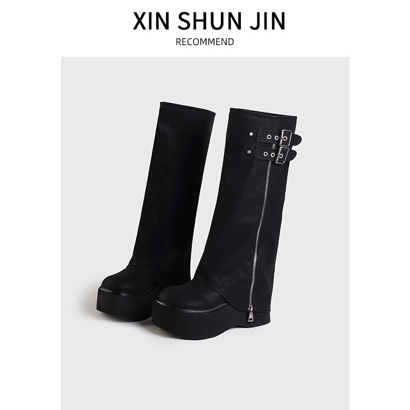 Genuine Leather Big Head Pants Tube Boots Sweet Cool Style Spice Girls Heap Boots Thick Bottom Western Boots But Knee Long Boots High Knights Boots - Image 4