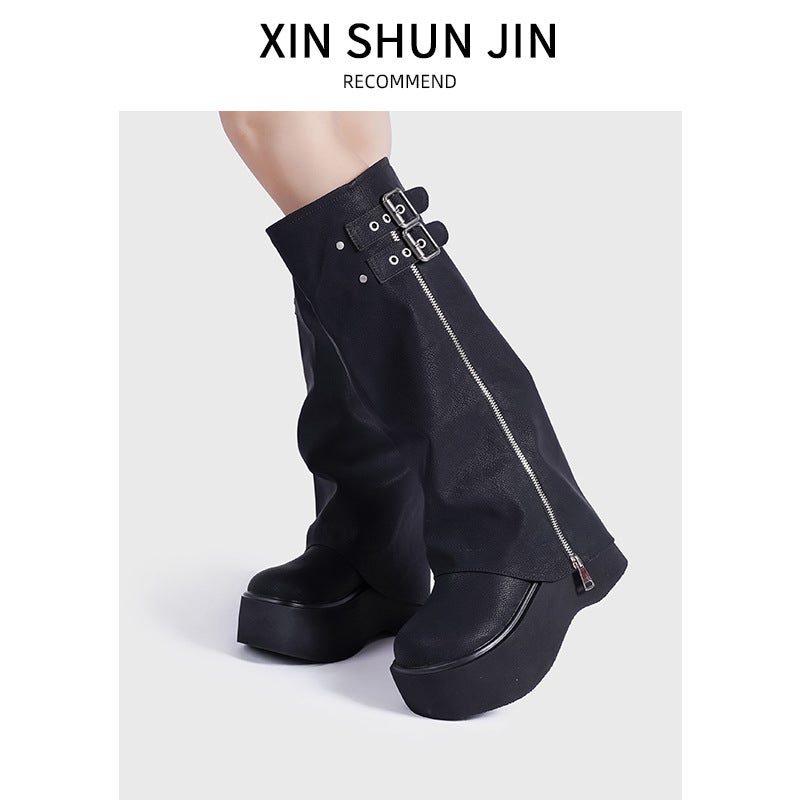 Genuine Leather Big Head Pants Tube Boots Sweet Cool Style Spice Girls Heap Boots Thick Bottom Western Boots But Knee Long Boots High Knights Boots - Image 3