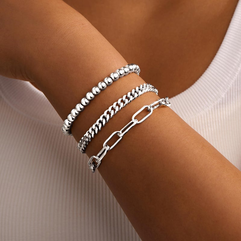 Gokeey Silver Bracelets for Women Non Tarnish Waterproof Silver Plated Bracelets Stack Dainty Chunky Bangle Cuff Love Knot Paperclip Bead Cuban Layered Chain for Jewelry Gifts - Image 4
