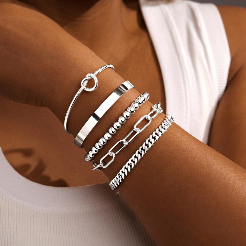 Gokeey Silver Bracelets for Women Non Tarnish Waterproof Silver Plated Bracelets Stack Dainty Chunky Bangle Cuff Love Knot Paperclip Bead Cuban Layered Chain for Jewelry Gifts - Image 3