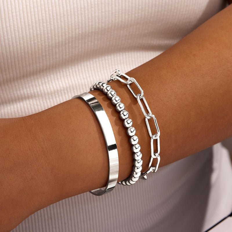 Gokeey Silver Bracelets for Women Non Tarnish Waterproof Silver Plated Bracelets Stack Dainty Chunky Bangle Cuff Love Knot Paperclip Bead Cuban Layered Chain for Jewelry Gifts - Image 5