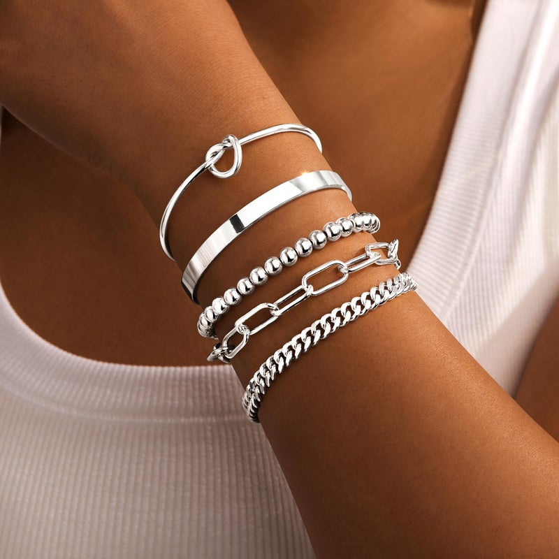 Gokeey Silver Bracelets for Women Non Tarnish Waterproof Silver Plated Bracelets Stack Dainty Chunky Bangle Cuff Love Knot Paperclip Bead Cuban Layered Chain for Jewelry Gifts - Image 2