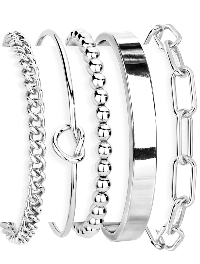 Gokeey Silver Bracelets for Women Non Tarnish Waterproof Silver Plated Bracelets Stack Dainty Chunky Bangle Cuff Love Knot Paperclip Bead Cuban Layered Chain for Jewelry Gifts - Image 1