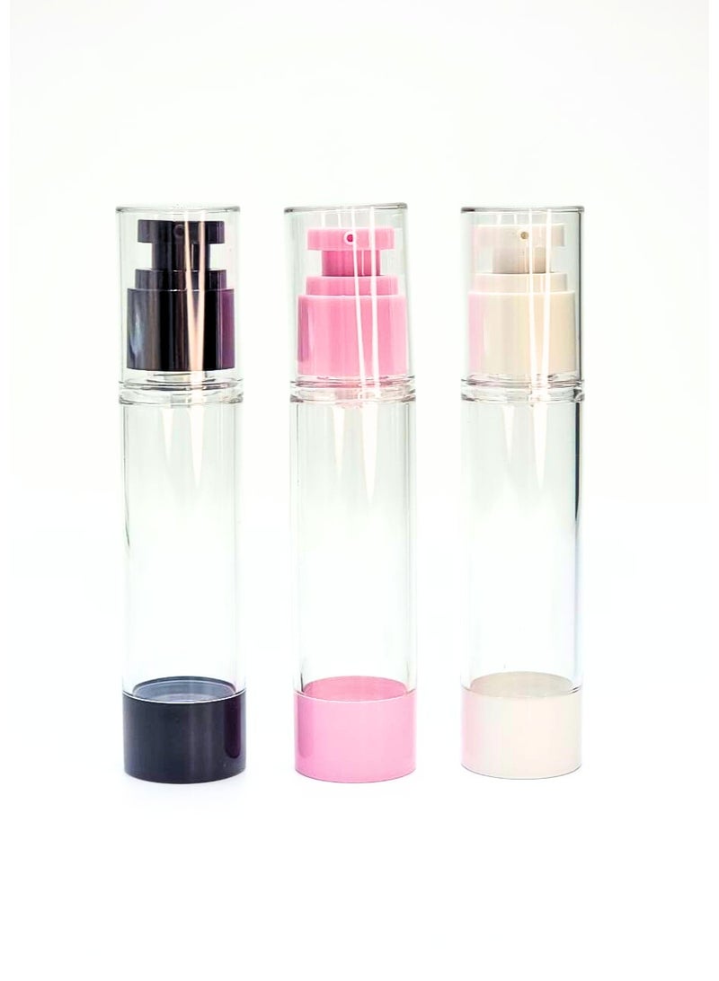 ٣ عبوات بمضخة ضغط هوائي – سعة 50 مل بألوان الأبيض، الأسود، والوردي – قابلة لإعادة التعبئة للكريمات والسيروم واللوشن