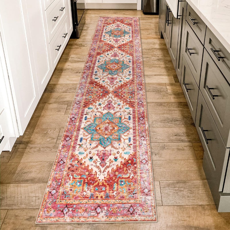 Yamaziot Washable Runner Rug, 2x8 Non-Slip Boho Vintage Hallway Rug Runner with Rubber Backing, Stain Resistant & Low Pile Faux Wool Distressed Carpet Runner for Bedroom, Kitchen, Laundry, Entrance - Image 1