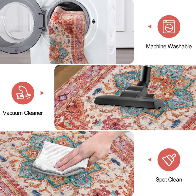 Yamaziot Washable Runner Rug, 2x8 Non-Slip Boho Vintage Hallway Rug Runner with Rubber Backing, Stain Resistant & Low Pile Faux Wool Distressed Carpet Runner for Bedroom, Kitchen, Laundry, Entrance - Image 4