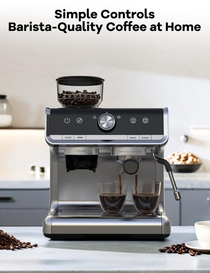 Takywep Espresso Machine With Grinder, 20 Bar Semi-Automatic Espresso Coffee Maker With Milk Frother Steamer Wand for Cappuccino, Latte, Macchiato, 95-Ounce Water Tank, Pid Temperature Control, Light Gray - Image 2