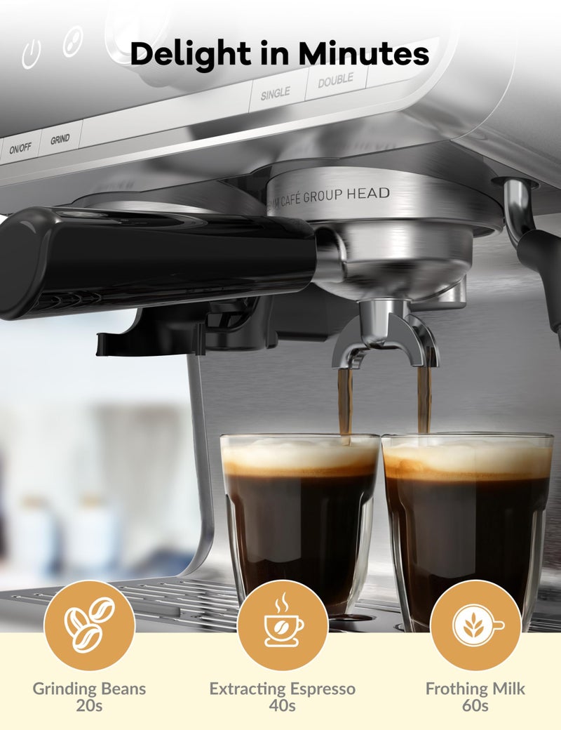 Takywep Espresso Machine With Grinder, 20 Bar Semi-Automatic Espresso Coffee Maker With Milk Frother Steamer Wand for Cappuccino, Latte, Macchiato, 95-Ounce Water Tank, Pid Temperature Control, Light Gray - Image 3