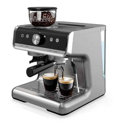 Takywep Espresso Machine With Grinder, 20 Bar Semi-Automatic Espresso Coffee Maker With Milk Frother Steamer Wand for Cappuccino, Latte, Macchiato, 95-Ounce Water Tank, Pid Temperature Control, Light Gray - Image 1