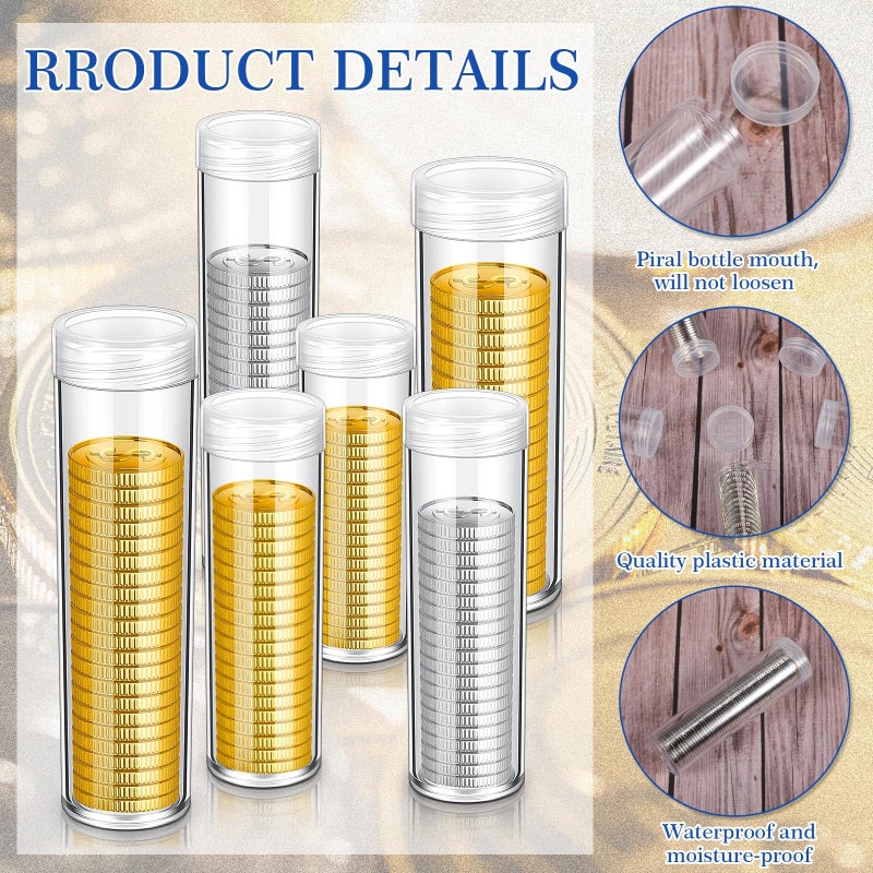 Yaomiao 36 Pcs Plastic Coin Tubes Assorted Sizes Nickel Dime Storage Tubes with Lid Quarter Storage Holders Half Dollar Containers Round Dollar Collection Supplies - Image 3