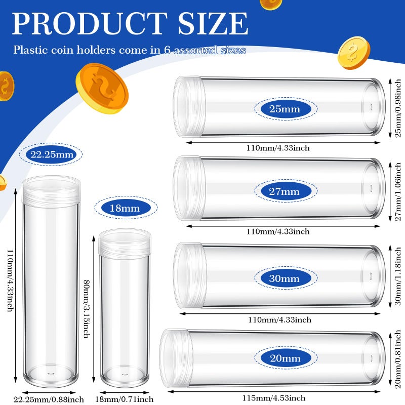 Yaomiao 36 Pcs Plastic Coin Tubes Assorted Sizes Nickel Dime Storage Tubes with Lid Quarter Storage Holders Half Dollar Containers Round Dollar Collection Supplies - Image 2