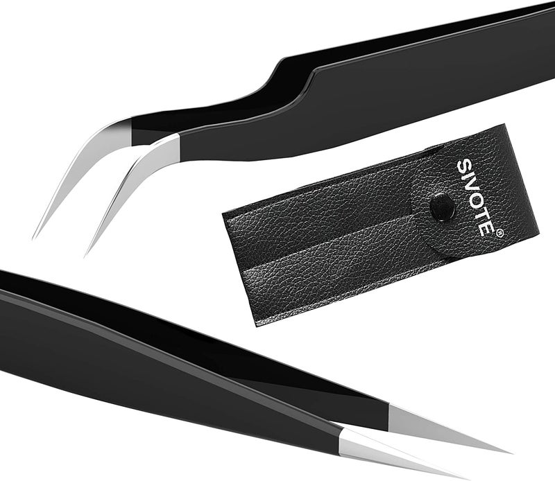 SIVOTE Lash Tweezers for Eyelash Extensions Hand Calibrated Straight  Curved Tip Pack of 2 Black