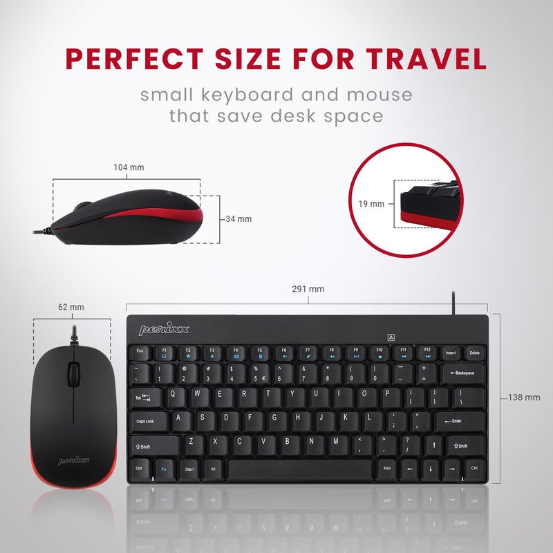 Perixx PERIDUO-212 Wired Mini Keyboard and Mouse Set, USB Connection, Black, US English Layout - Image 2