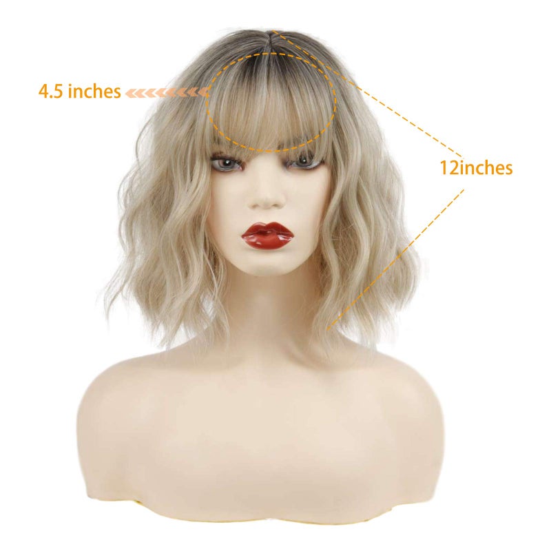 MISSQUEEN Short Ombre Blonde Wigs Wavy Bob Blonde Wig with Bangs Synthetic Curly Pastel Blond Wig for Women Girl Colorful Cosplay Wigs - Image 2