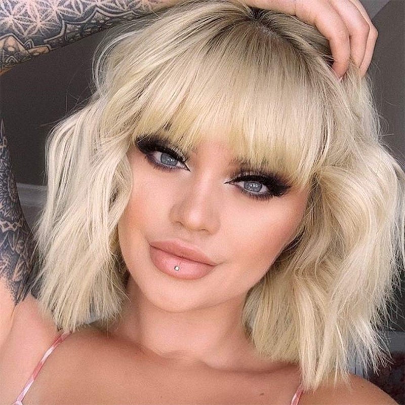 MISSQUEEN Short Ombre Blonde Wigs Wavy Bob Blonde Wig with Bangs Synthetic Curly Pastel Blond Wig for Women Girl Colorful Cosplay Wigs - Image 1