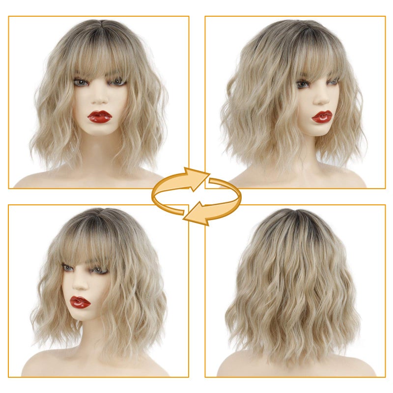 MISSQUEEN Short Ombre Blonde Wigs Wavy Bob Blonde Wig with Bangs Synthetic Curly Pastel Blond Wig for Women Girl Colorful Cosplay Wigs - Image 5