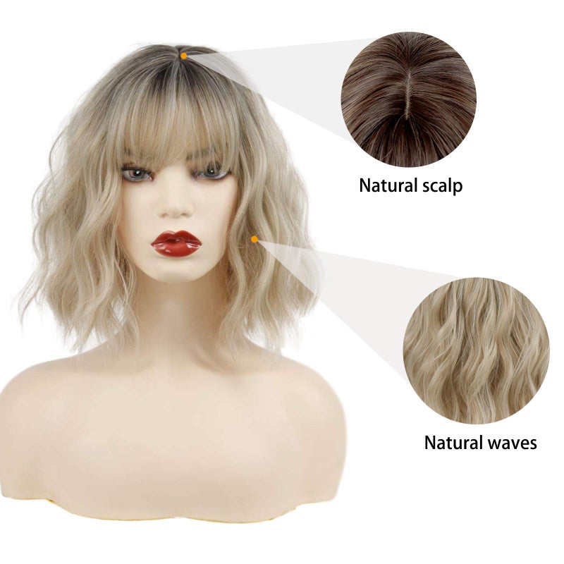 MISSQUEEN Short Ombre Blonde Wigs Wavy Bob Blonde Wig with Bangs Synthetic Curly Pastel Blond Wig for Women Girl Colorful Cosplay Wigs - Image 3