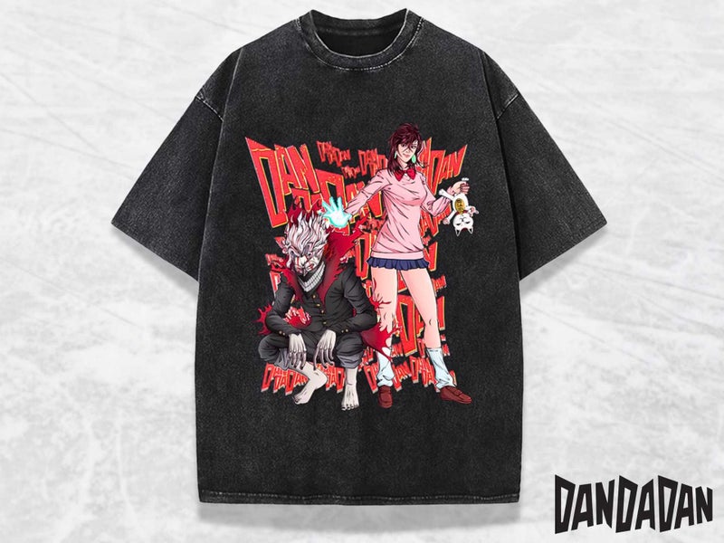 Europe And America New Dandadan Animation Cartoon Printing Summer Washed Retro Cotton Short-Sleeved T-Shirt Top - Image 1